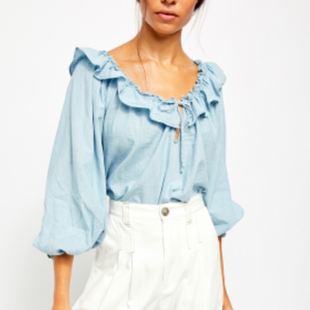 Free People Chambray Ruffle Blouse